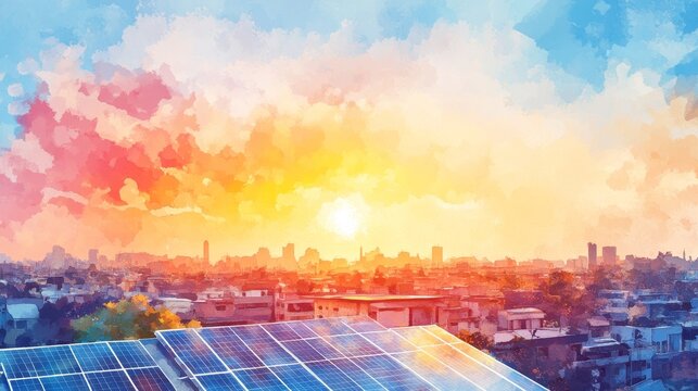 Solar City Sunset - Rooftop solar panels at sunset over a city skyline. Clean energy, renewable resources
