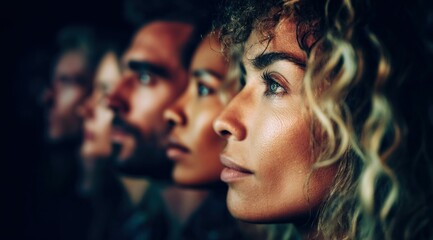 Obraz premium A group of diverse people stands in a row, gazing intently into the distance with thoughtful expressions.