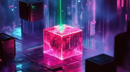 Glowing cubes suspended in a futuristic neon illuminated environment