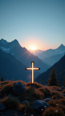 A sunrise illuminates a cross on a mountain peak.