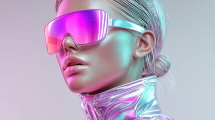 A woman with futuristic pink glasses, showcasing beauty and style in a vibrant portrait.