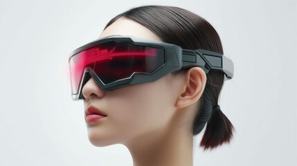 Fototapeta premium A sleek portrait of a woman wearing futuristic vr glasses in a clean, white environment.