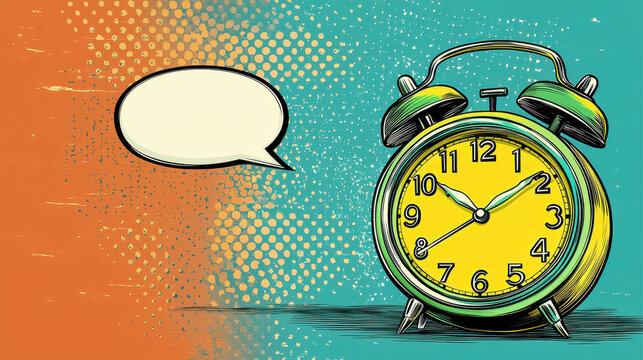 Colorful alarm clock illustration with speech bubble, perfect for conveying messages about time management or reminders. vibrant background adds playful touch