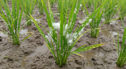Obraz premium Rice Seedlings Infected with Sheath Blight in Muddy Paddy