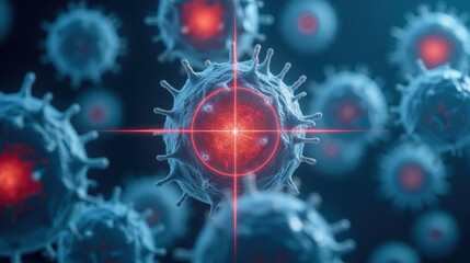 Microscopic view of cells with glowing centers, showcasing intricate details and vibrant colors, representing biological processes and research