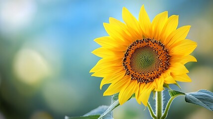 Obraz premium A close up of a vibrant yellow sunflower with a blurred blue and green background in soft focus