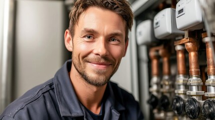 A skilled technician smiles proudly in front of industrial heating and plumbing systems, close-up.
