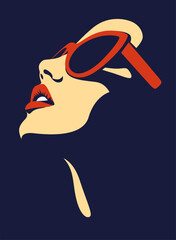 Fashionable charming brunette girl. Young beautiful fashion woman with sunglasses Abstract female face, contemporary design, vector illustration 