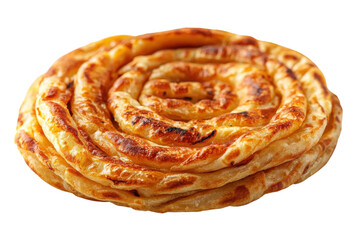 Golden brown pita bread spiral shaped layers delicious texture close up on transparent background