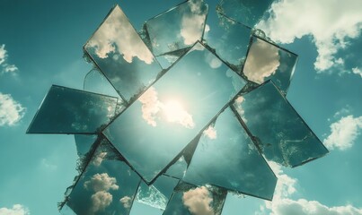 Broken mirrors reflecting sun and clouds in a blue sky