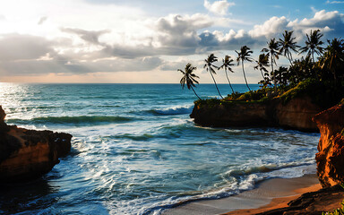 Naklejka premium Stunning Tropical Beach: Palm Trees, Cliffs Ocean Views