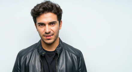Fototapeta premium Young hispanic male in black leather jacket against light background