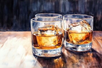 Watercolor Three Glasses of Whiskey on Wood - Three glasses of amber whiskey with ice cubes sit on a wooden surface, illuminated by sunlight