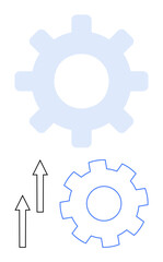Two gear shapes, one solid and one outlined, with upward arrows indicating advancement, efficiency, and improvement. Ideal for innovation, technology, progress, machinery teamwork productivity