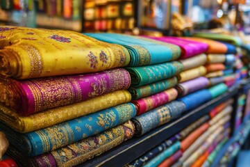 Colorful saris beautifully arranged in a market display showcasing vibrant fabrics and intricate designs, representing traditional attire and cultural heritage concept