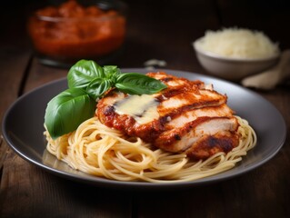 Fototapeta premium Chicken and pasta dish ready to eat