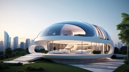 a rendering of a futuristic house with a staircase leading to the second floor