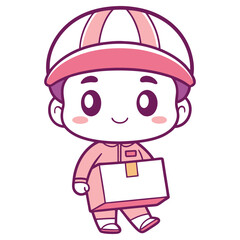 Cute Cartoon Courier Holding Box, Pink Uniform and Cap with Transparent Background