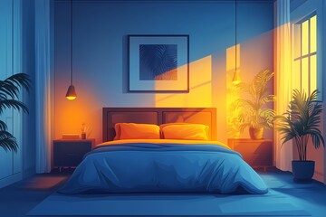 Cozy Modern Bedroom Interior with Warm Lighting and Potted Plants - Perfect for Relaxation and Sleep