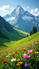 Fototapeta premium Rolling green hills, vibrant wildflowers against snow-capped peaks, vegetation, flora