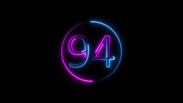 Abstract glowing neon text 94 number countdown icon. Glowing sign on black background Neon number 94 with alpha channel, neon numbers, Appears and disappears. Fiery style. 4k. Seamless loop