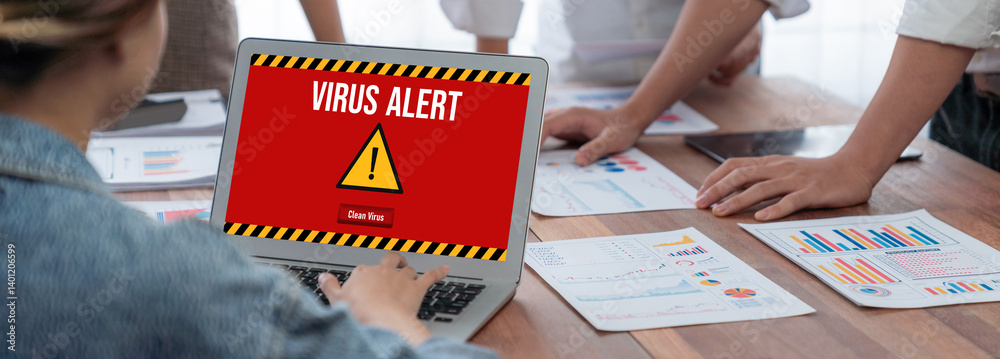 Poster Virus warning alert on computer screen detected brisk cyber threat , hacker, computer virus and malware