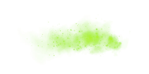 Magic green smoke with glitter and small particles of twinkling stars. Fog with luminous particles. Green vapor with stardust. Morning fog over land or water surface, magic haze. Fog or smoke. PNG.