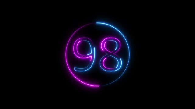 Neon text 98 number icon background. neon glowing countdown number 98, Number 98 Animation. 98 percentage discount animated.