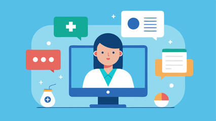 Telehealth Consultations A screen depicting a virtual meeting between a doctor and a patient with medical icons like prescriptions and health stats floating around them.