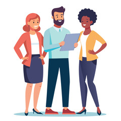 Obraz premium three-diverse-business-partners-standing-and-discus vector image on white background