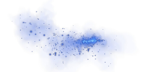 Magic blue smoke with glitter and small particles of twinkling stars. Fog with luminous particles. Blue vapor with stardust. Morning fog over land or water surface, magic haze. Fog or smoke. PNG.