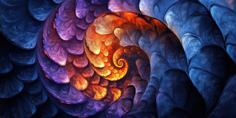 Fototapeta premium Fractal art showcases mesmerizing spiral pattern with vibrant colors transitioning from deep blue to fiery orange. intricate design evokes sense of depth and wonder, captivating viewer imagination