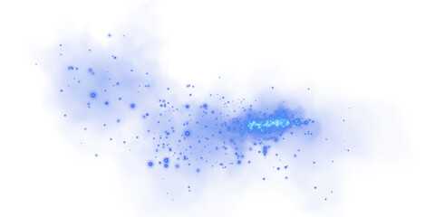 Magic blue smoke with glitter and small particles of twinkling stars. Fog with luminous particles. Blue vapor with stardust. Morning fog over land or water surface, magic haze. Fog or smoke. PNG.