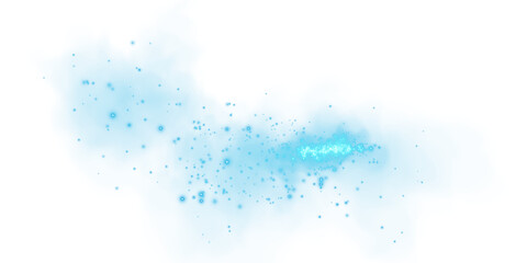 Magic blue smoke with glitter and small particles of twinkling stars. Fog with luminous particles. Blue vapor with stardust. Morning fog over land or water surface, magic haze. Fog or smoke. PNG.