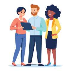 Obraz premium three-diverse-business-partners-standing-and-discus vector image on white background