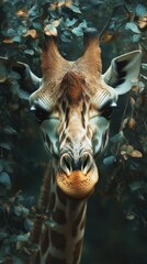 Giraffe peering through foliage in a lush habitat during early morning