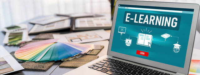 Interior designer workspace table and architecture software on laptop screen with mood board materials and colorful swatch color for color selection. Modern interior design office. Insight