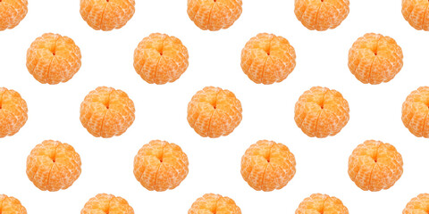 Peeled mandarin segments arranged in a seamless pattern on white background