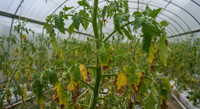 Wilted Tomato Plants in Greenhouse Due to Fusarium Wilt