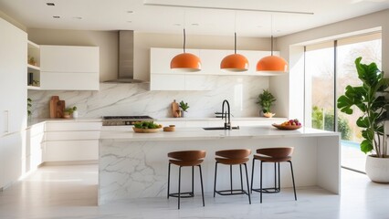 : A vibrant, modern kitchen with sleek white cabinets, a spacious island, and minimalistic pendant lights. Natural light pours in, casting a warm glow on the marble counterto