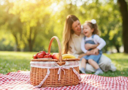 Mother and daughter enjoy picnic in sunny park on Mother's Day