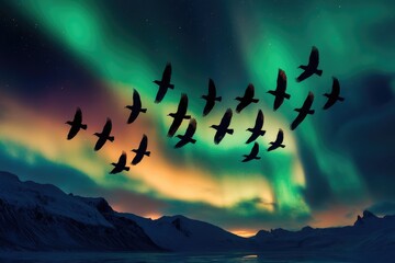 Fototapeta premium Silhouetted birds fly in formation against a vibrant aurora borealis over a snow-covered landscape.