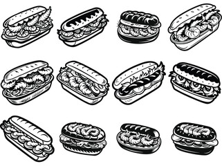 Shrimp po boy sandwich silhouette vector set isolated on white background.
