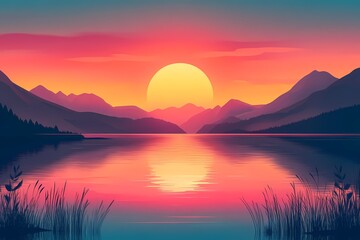 Serene Dusk: Vibrant Sunset Glow Over Tranquil Lake with Reflections of Mountain Silhouettes