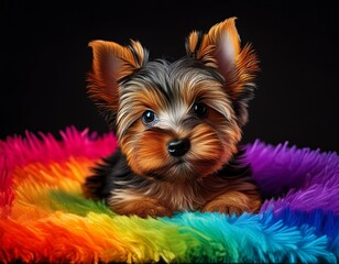 Naklejka premium Yorkshire Terrier Welpe auf buntem Teppich, schwarzer Hintergrund