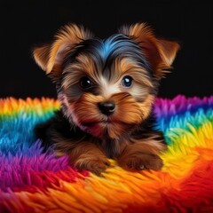 Fototapeta premium Yorkshire Terrier Welpe auf buntem Teppich, schwarzer Hintergrund