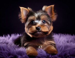 Fototapeta premium Yorkshire Terrier auf lila Teppich, schwarzer Hintergrund