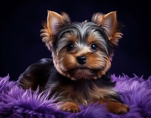 Fototapeta premium Yorkshire Terrier auf lila Teppich, schwarzer Hintergrund