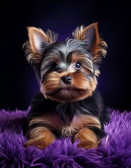 Fototapeta premium Yorkshire Terrier auf lila Teppich, schwarzer Hintergrund