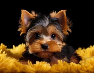 Fototapeta premium Yorkshire Terrier auf gelben Teppich, schwarzer Hintergrund